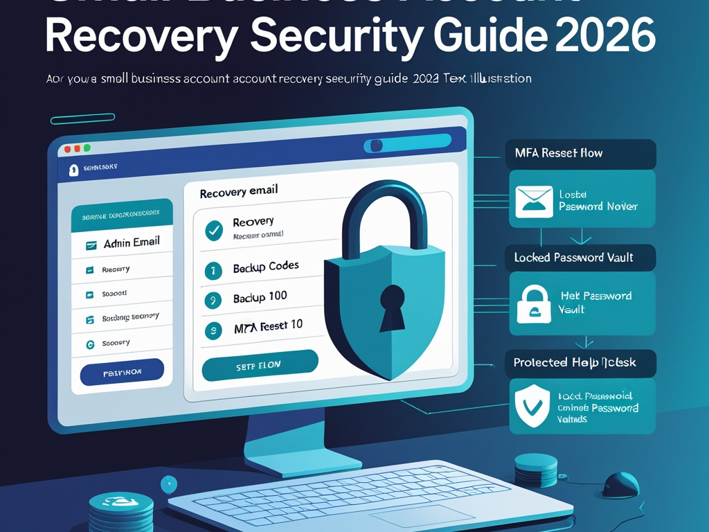 Cybersecurity illustration showing a small business admin reviewing account recovery settings, backup codes, MFA reset flows, and emergency access controls