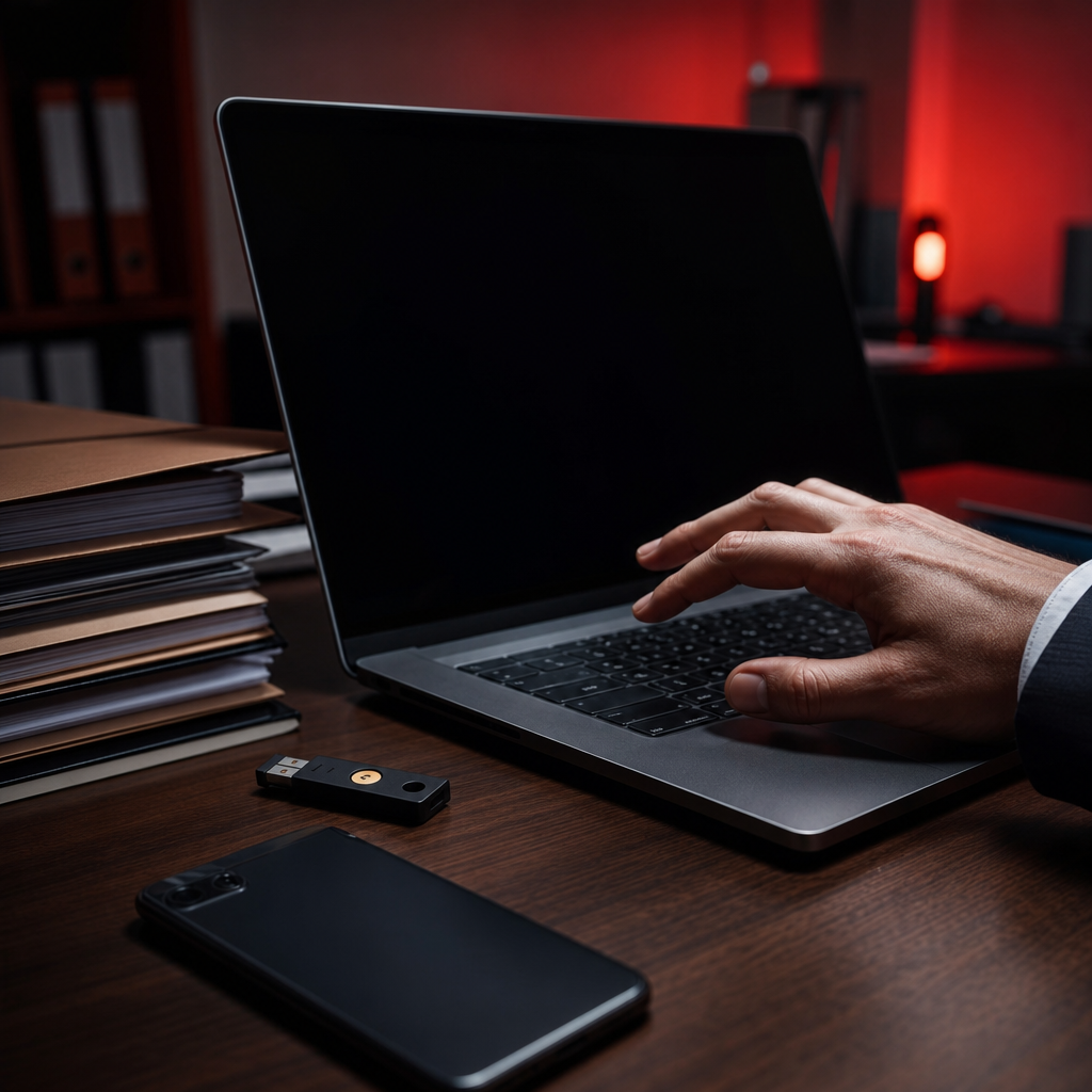 ACR Stealer attacks editorial scene with an office laptop, hardware security key, stacked document folders, and a tense hand over a keyboard under a red warning light