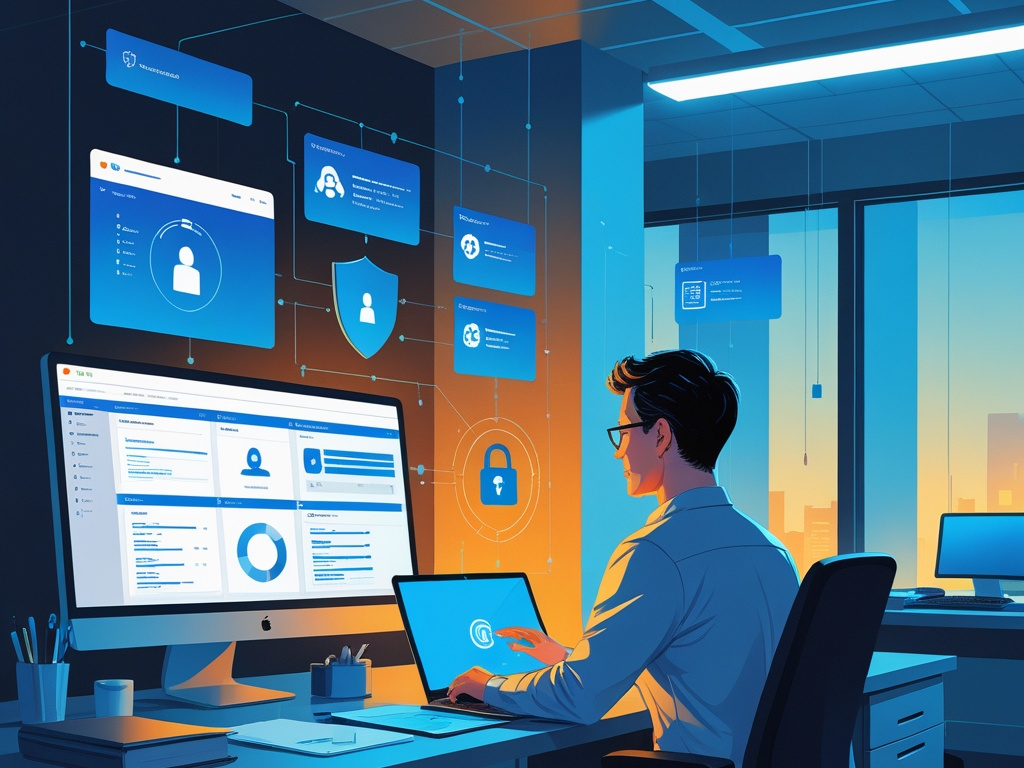 Cybersecurity illustration showing a small business IT admin reviewing privileged access, user roles, laptop and SaaS dashboards, MFA prompts, and approval controls in a modern office