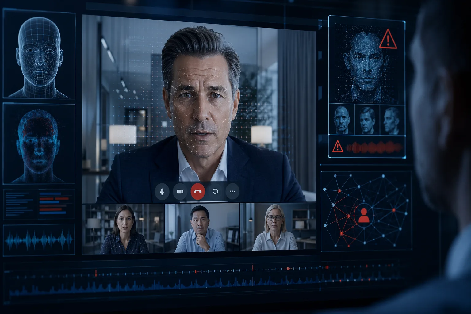 Agentic AI deepfake fraud visualization showing a synthetic executive on an enterprise video call