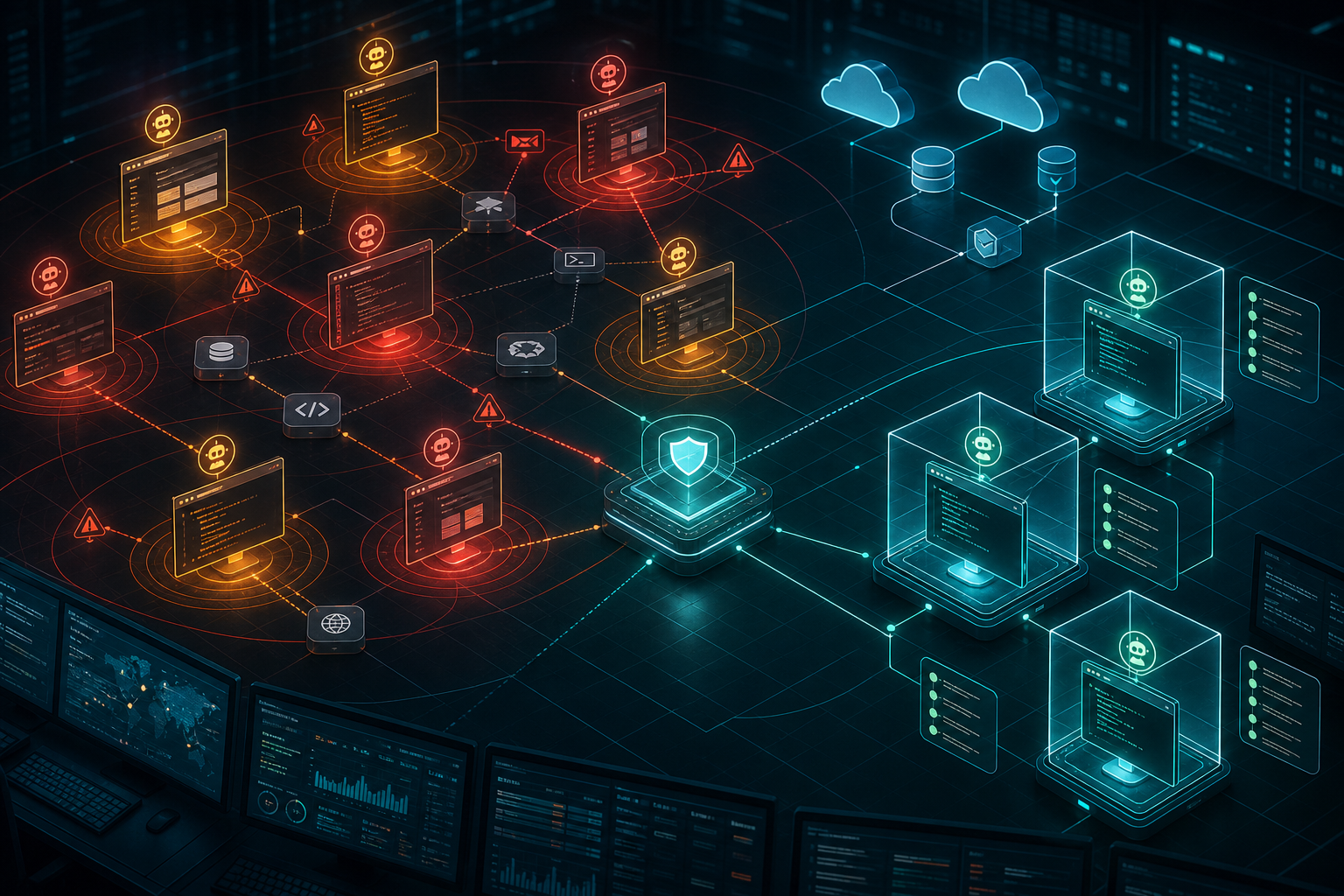 AI agent security scoring visualization showing exposed autonomous agents, risk quadrants, and a small defended cluster inside containment controls