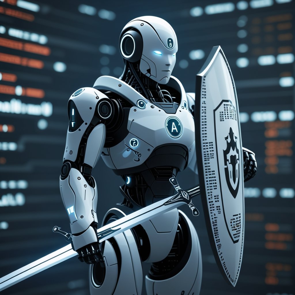 AI guardian robot protecting digital fortress from cyber threats