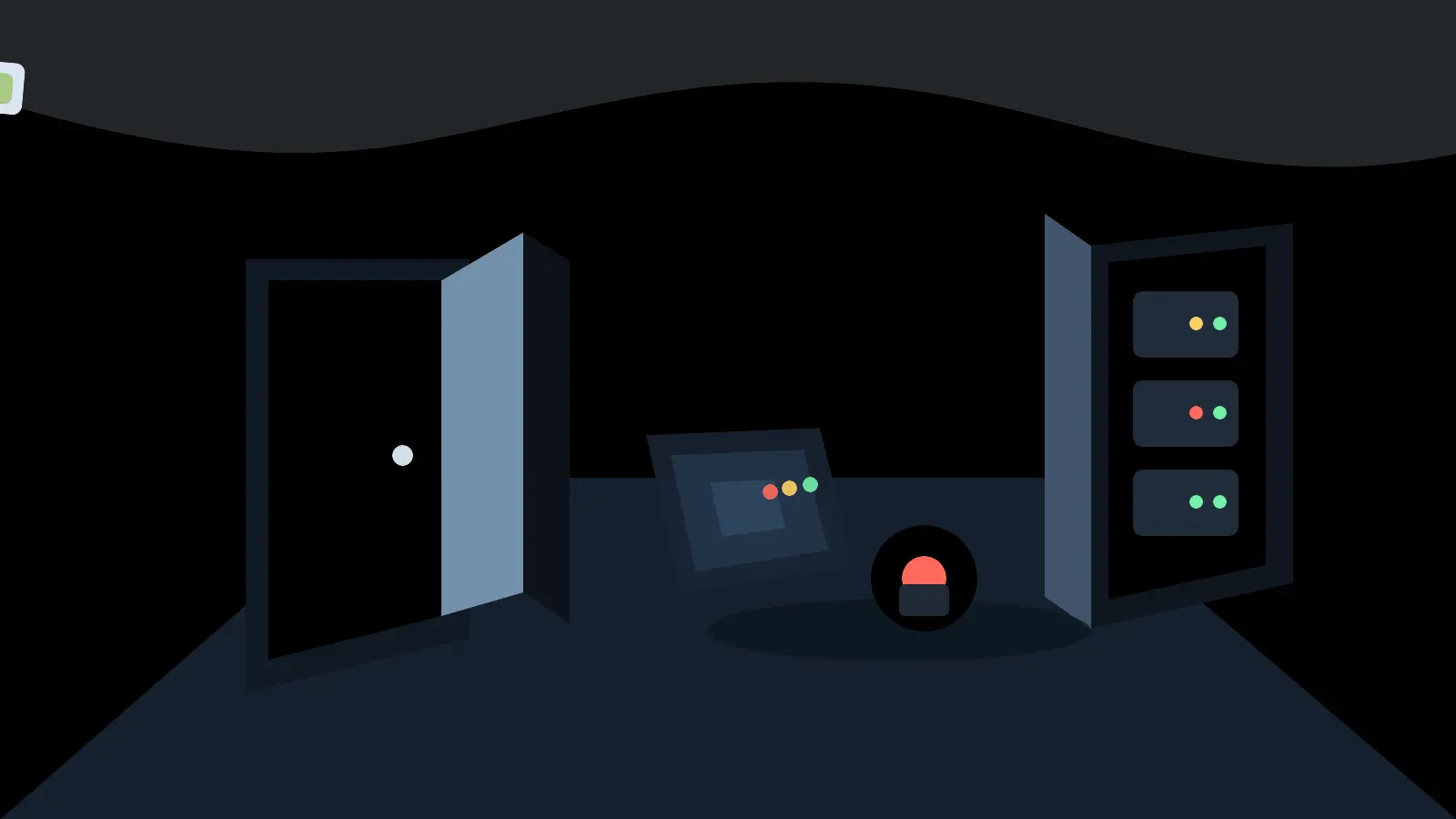 AI-assisted cyberattacks editorial scene with a government office corridor, open server cabinet, and scattered security badges after an overnight breach