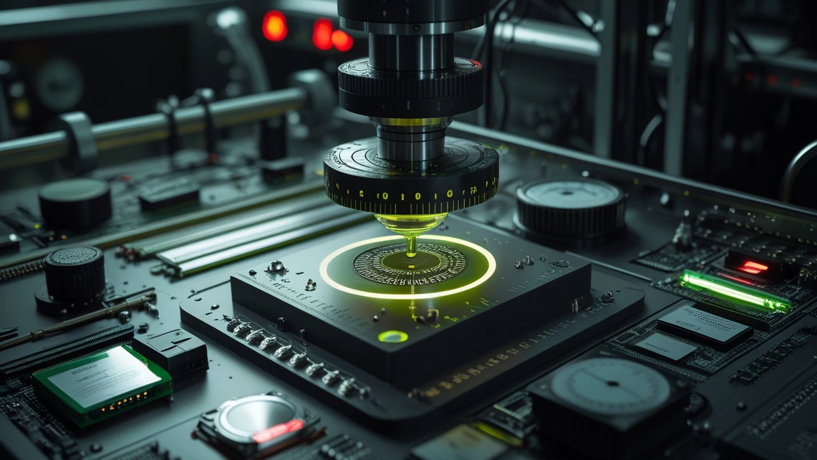 AI cryptography research represented by elliptic curve evidence, timestamp dials, and validation instruments in a dark graphite laboratory