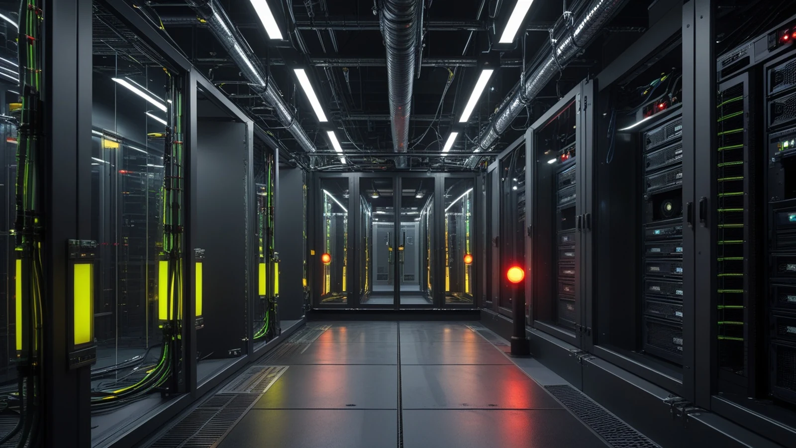 AI cybersecurity benchmarks represented by isolated compute racks, sealed test chambers, and branching exploit paths in a dark evaluation lab