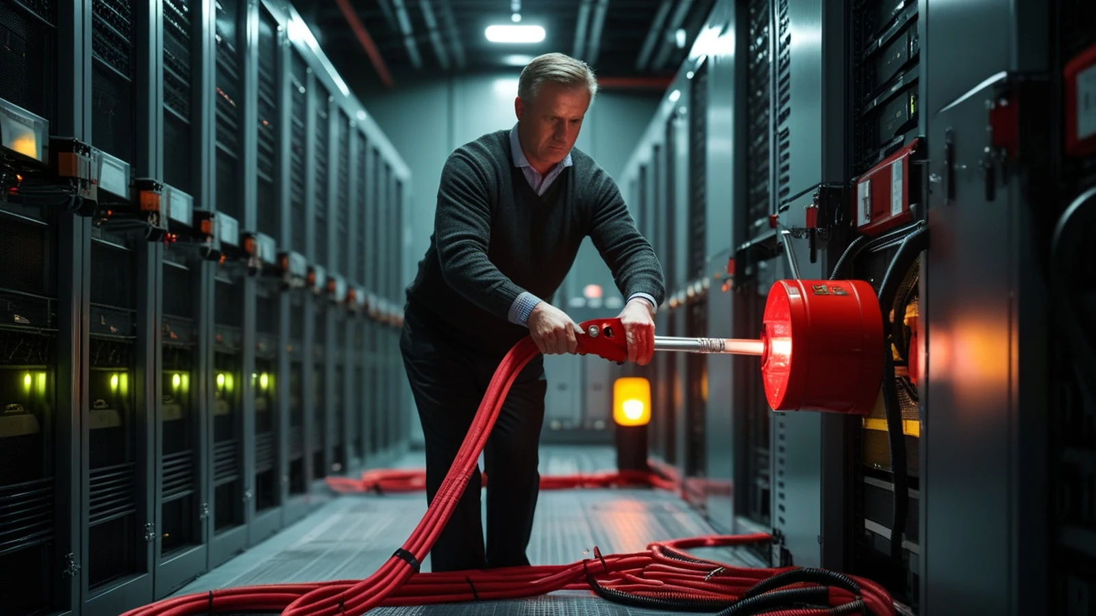 Supervisor in a graphite data center operating a mechanical network-isolation lever beside server racks and fiber bundles