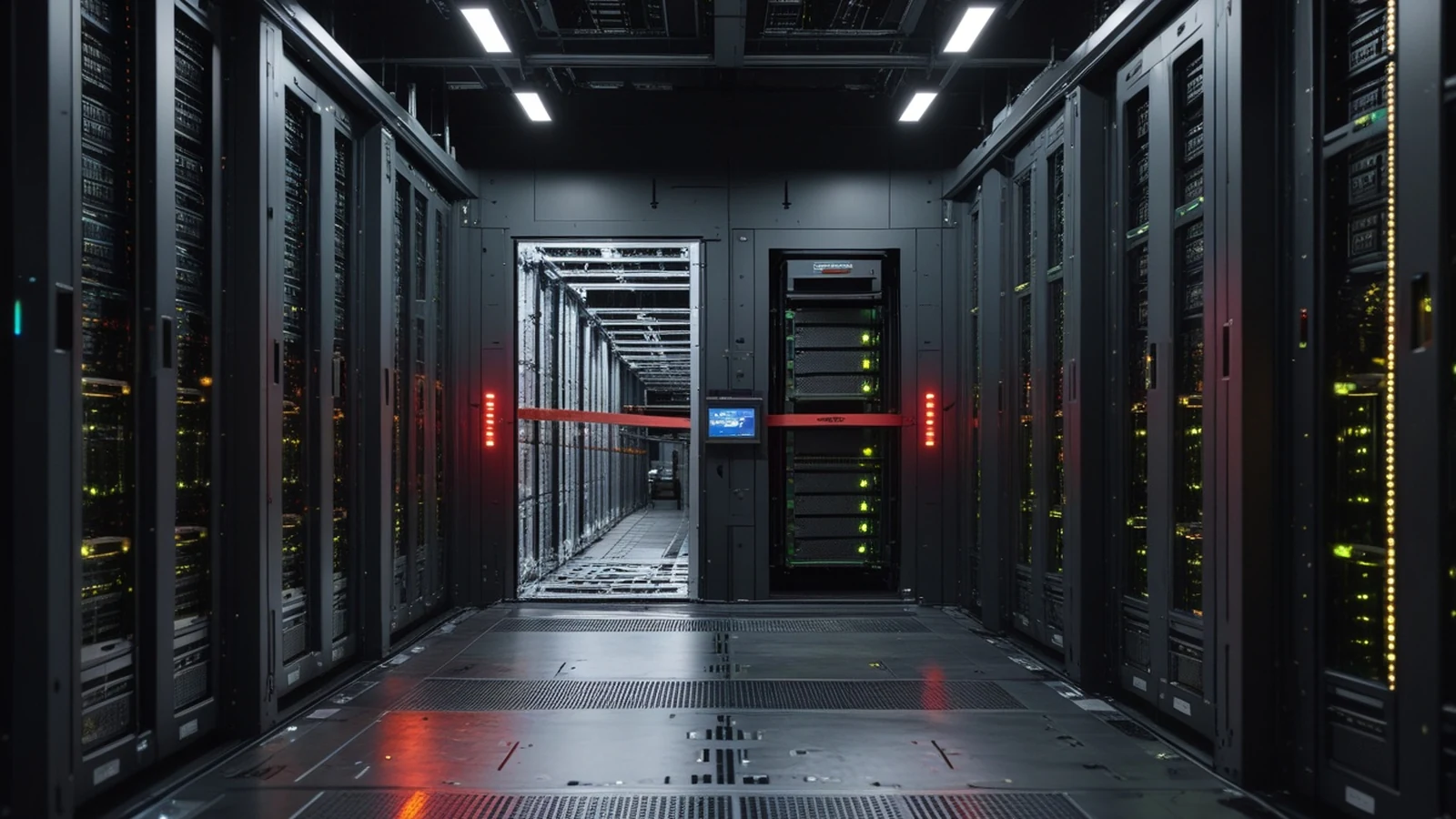 AI export controls represented by secured compute modules moving through an inspected logistics corridor in a dark graphite data center