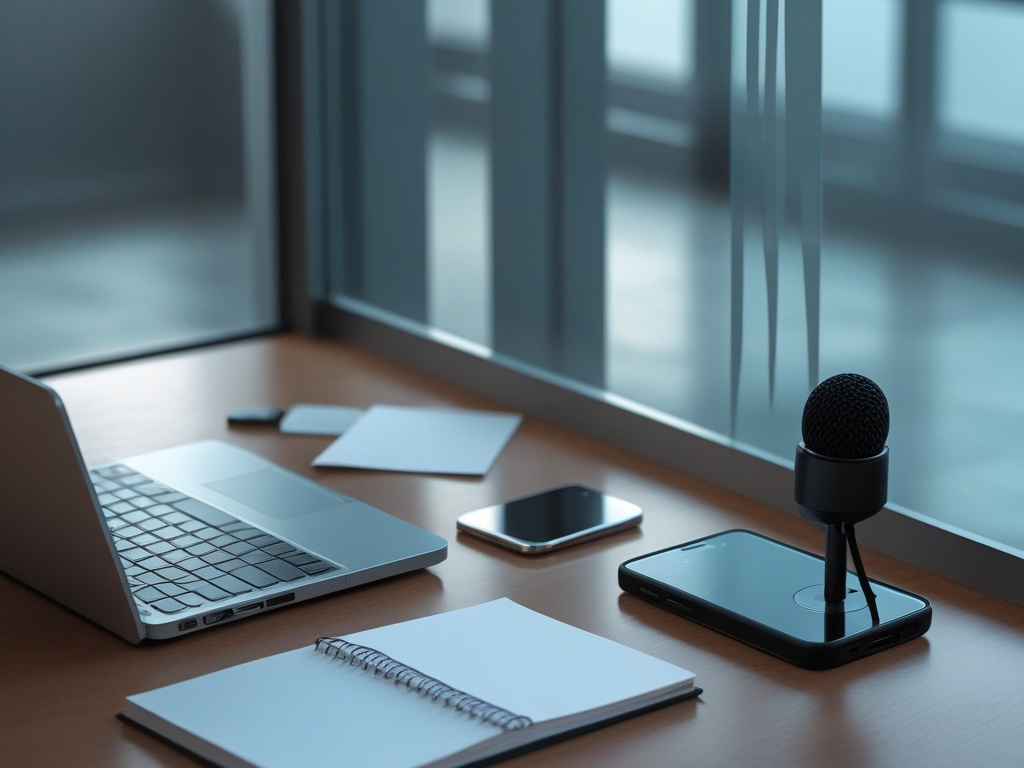 Conference room scene with a work laptop, table microphone, smartphone, and printed notes showing the security risks of AI meeting recordings and transcripts