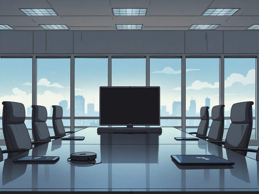 Editorial meeting room scene showing a conference table microphone, a blank conference display, dark-screen work devices, and an empty boardroom set up for a recorded team meeting