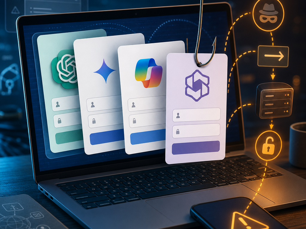 AI phishing lures illustration showing fake ChatGPT, Claude, and DeepSeek login brands feeding into a credential theft attack chain