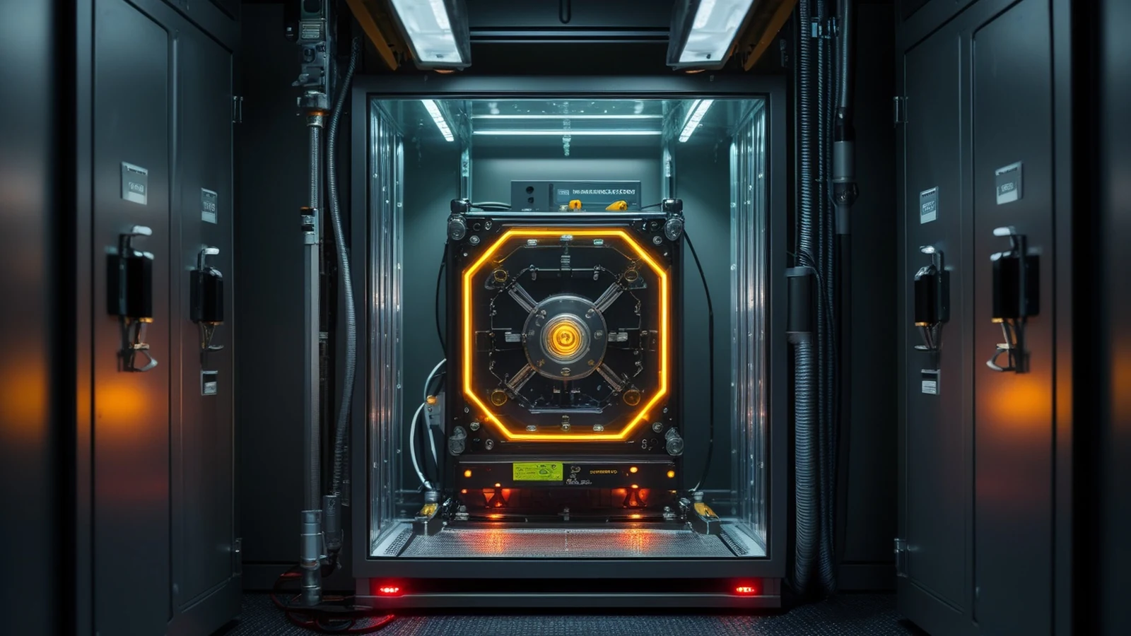 AI safety pact represented by a dark assurance laboratory with sealed model hardware, independent inspection instruments, and tamper-evident evidence cases