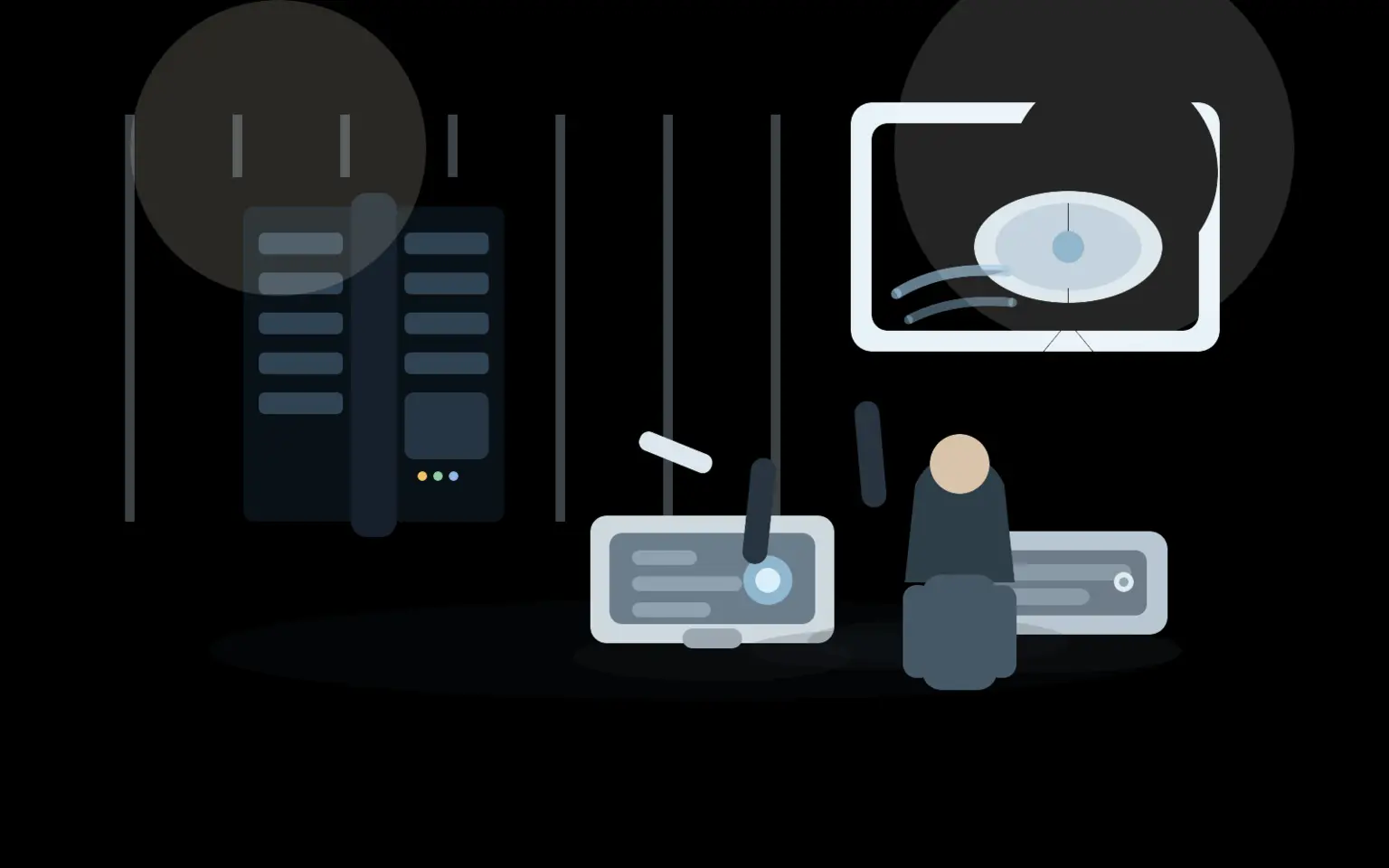 AIT-GUI vulnerability editorial scene with a ground-station rack, command handset, patch cables, and a satellite dish beyond an observation window