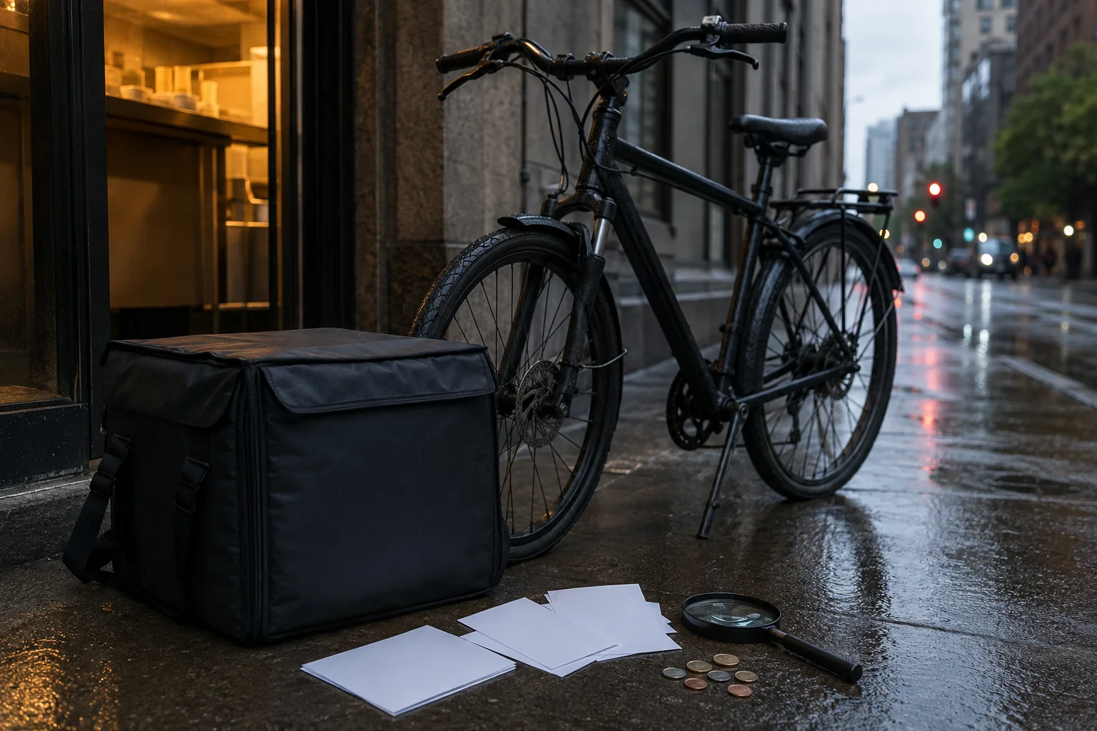 Algorithmic management transparency scene with a delivery bicycle, insulated food bag, paper receipts, coins, and a magnifying glass on a city curb