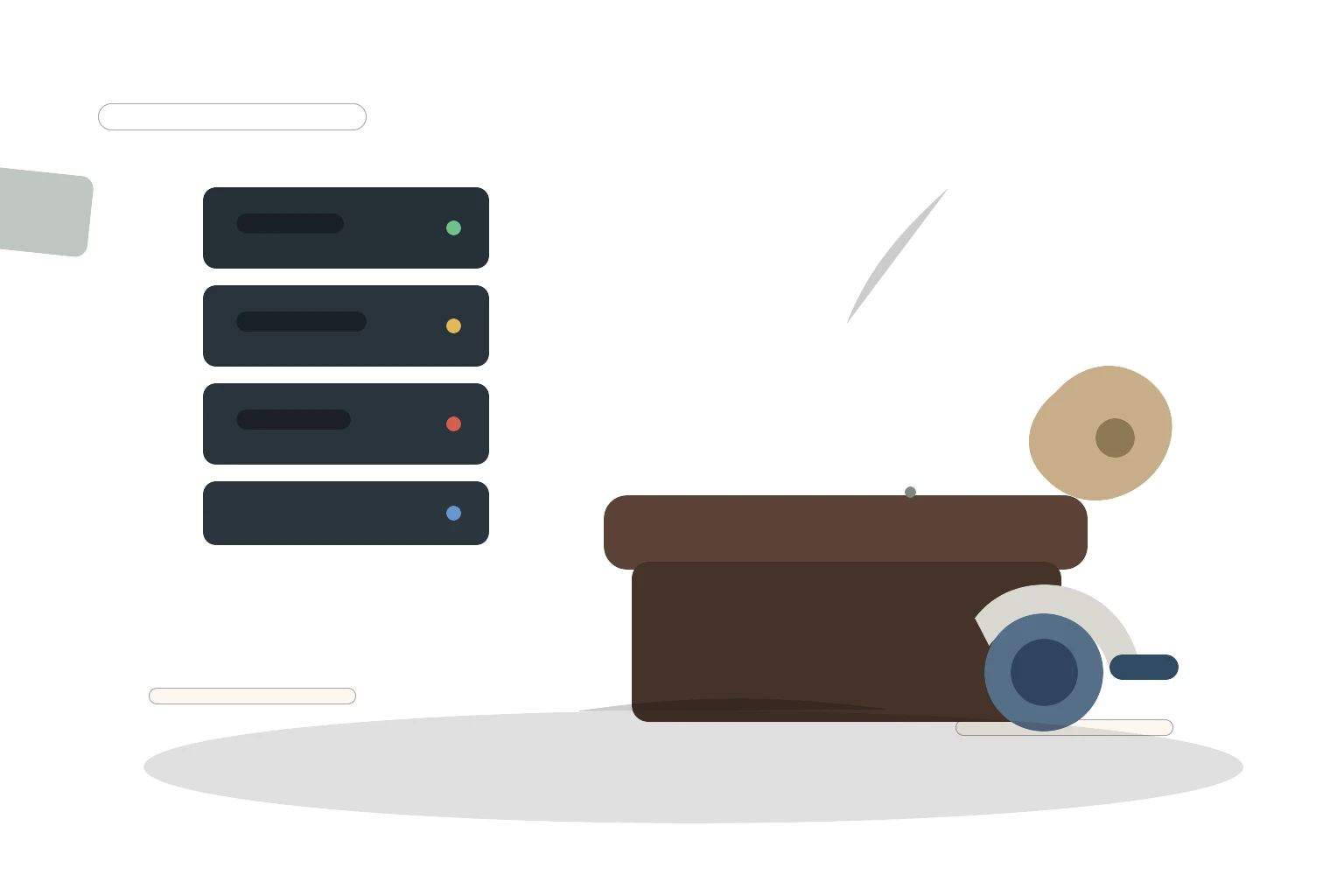 All-in-One WP Migration vulnerability editorial scene with a small web server, external backup drive, coiled ethernet cable, and metal key during a WordPress restore incident