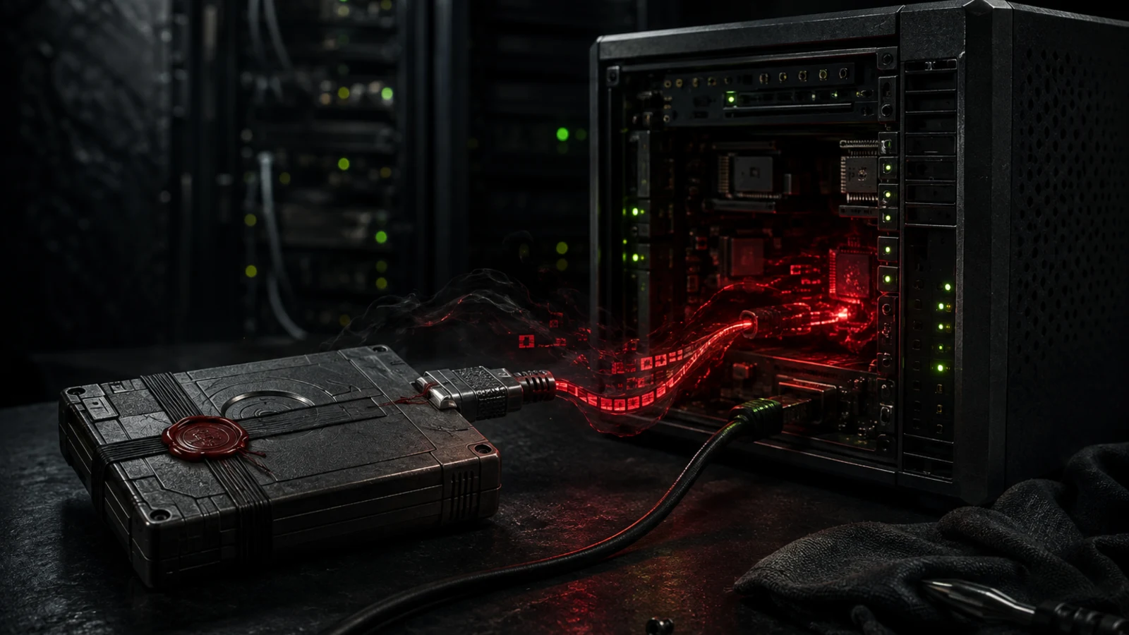 Dark server room scene with a WordPress backup cartridge carrying a malicious red payload into a production server during restore