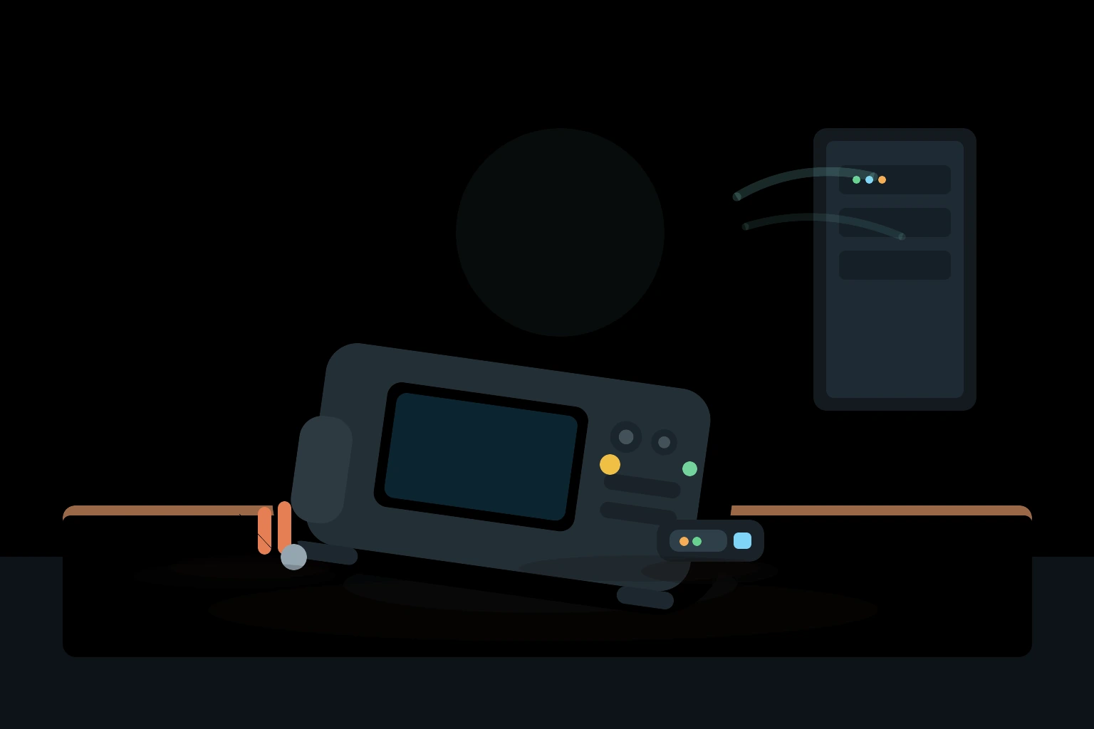 Android car head unit malware editorial scene with a removed car dashboard on a workshop bench, exposed wiring harness, update cable, and a small wireless router beside technician tools