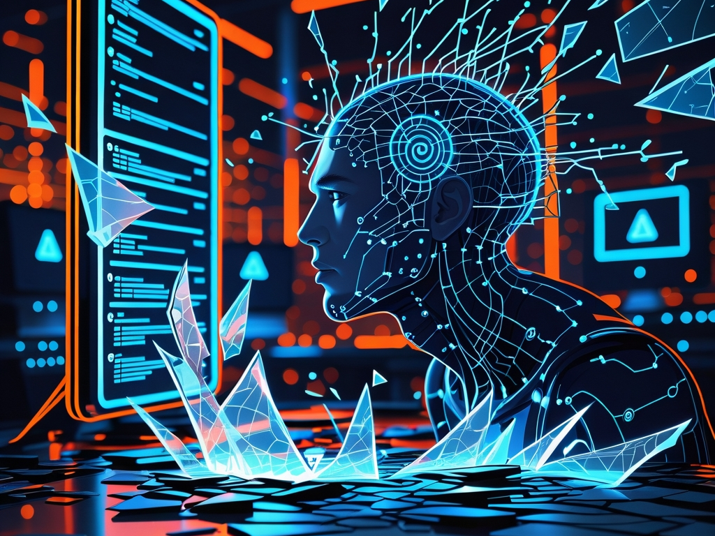 Claude Mythos AI cybersecurity visualization showing neural networks breaking through digital firewalls