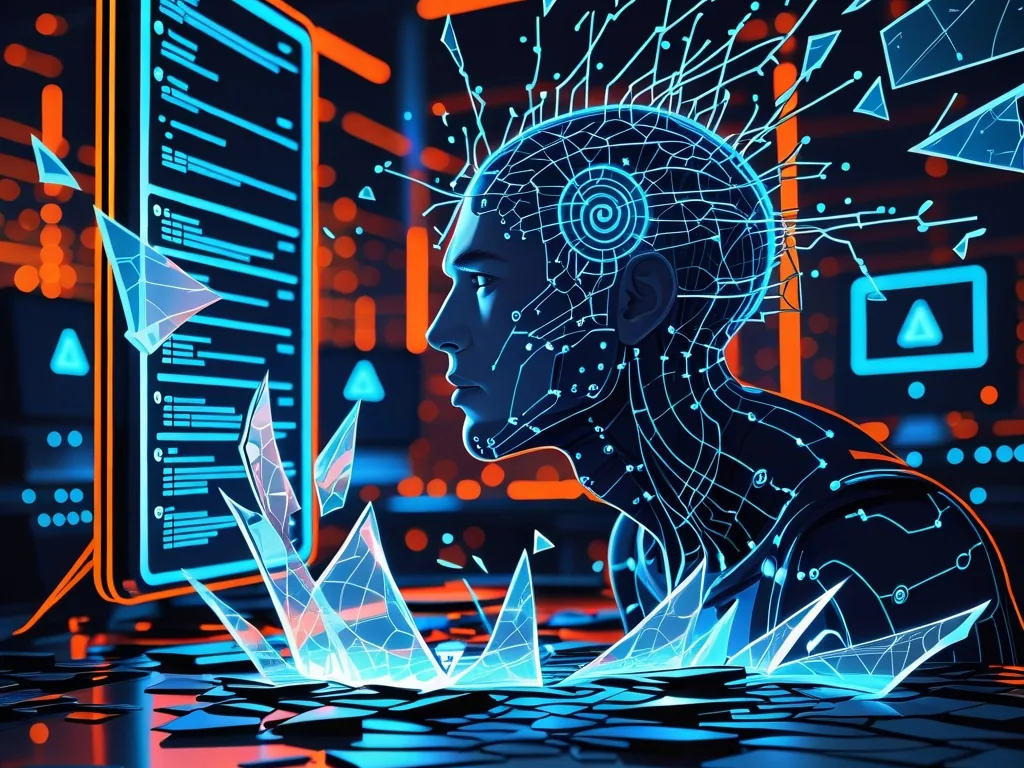 Claude Mythos AI cybersecurity visualization showing neural networks breaking through digital firewalls