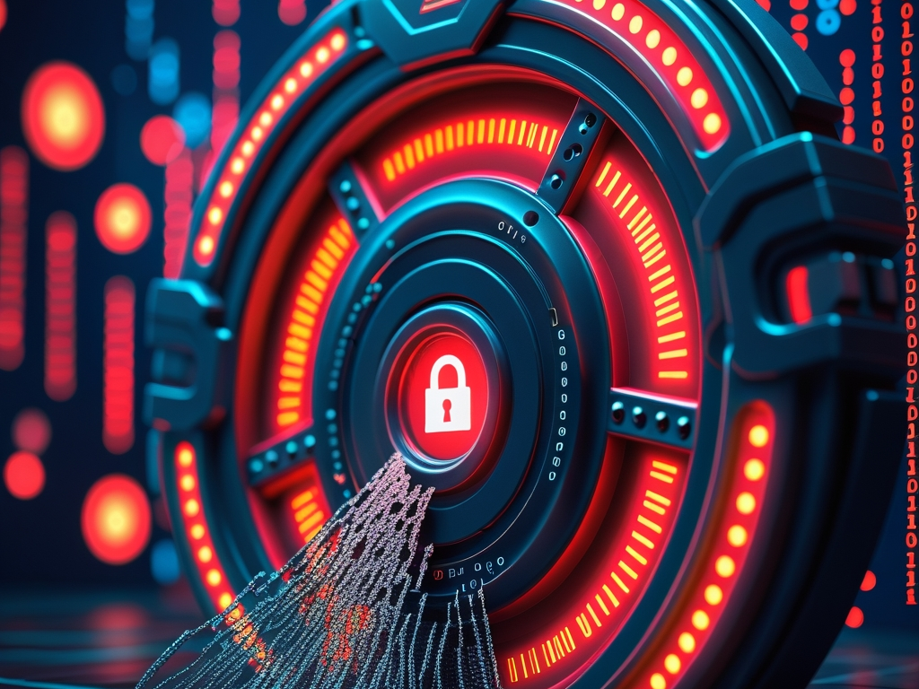 AI cybersecurity threat visualization showing powerful neural network with security alert symbols and data leak