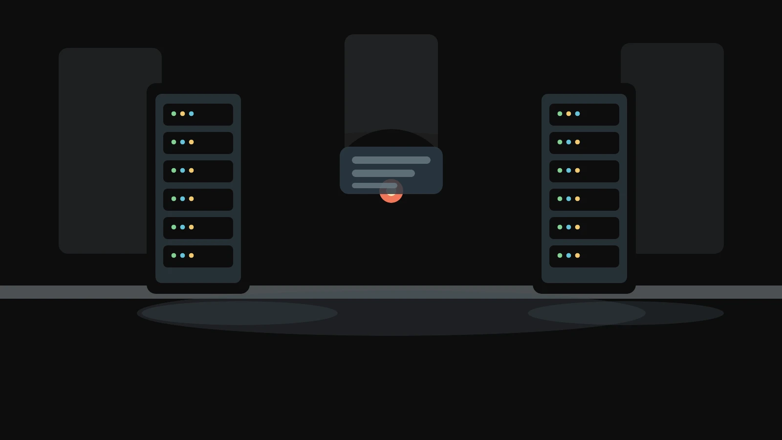 Apache Tomcat vulnerability editorial scene with two enterprise server racks linked by cluster network cables in a data center aisle