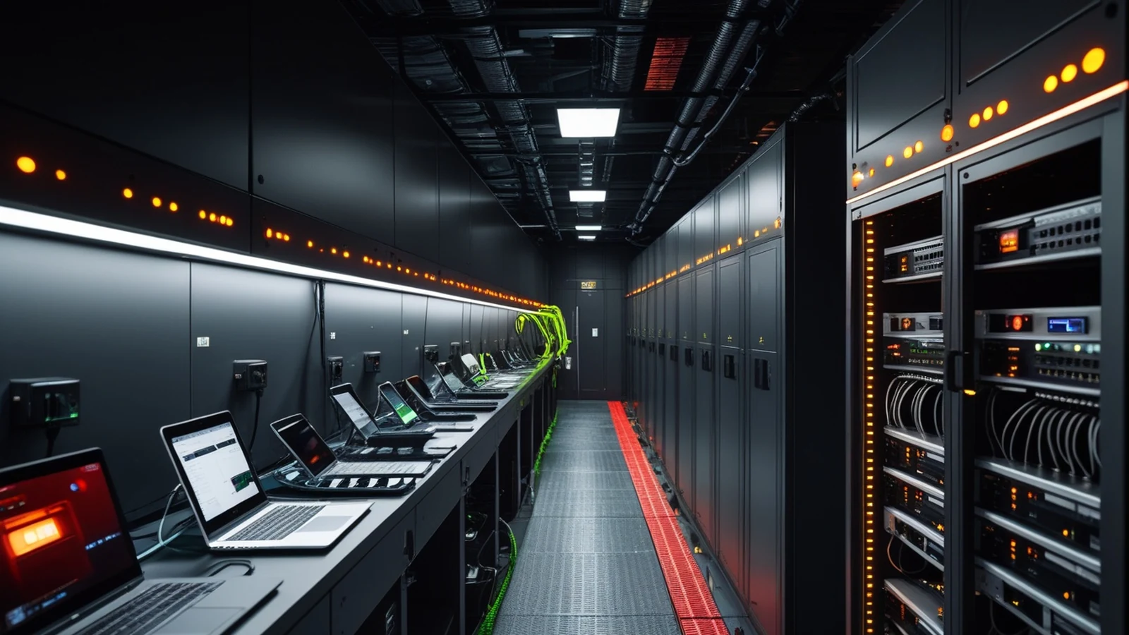 Dark enterprise device staging room with phones, tablets, laptops, and network equipment during an emergency Apple update rollout