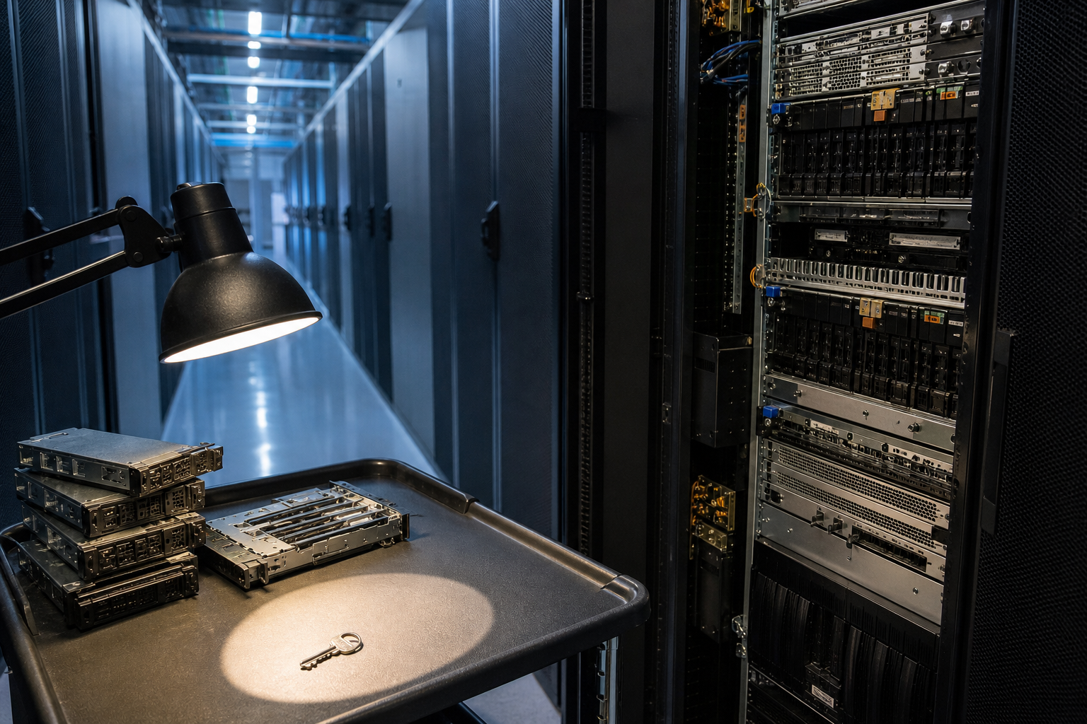 Azure Cosmos DB flaw editorial scene with a cloud data center aisle, an open server rack, a metal key on a maintenance cart, and stacked drive trays under inspection lights