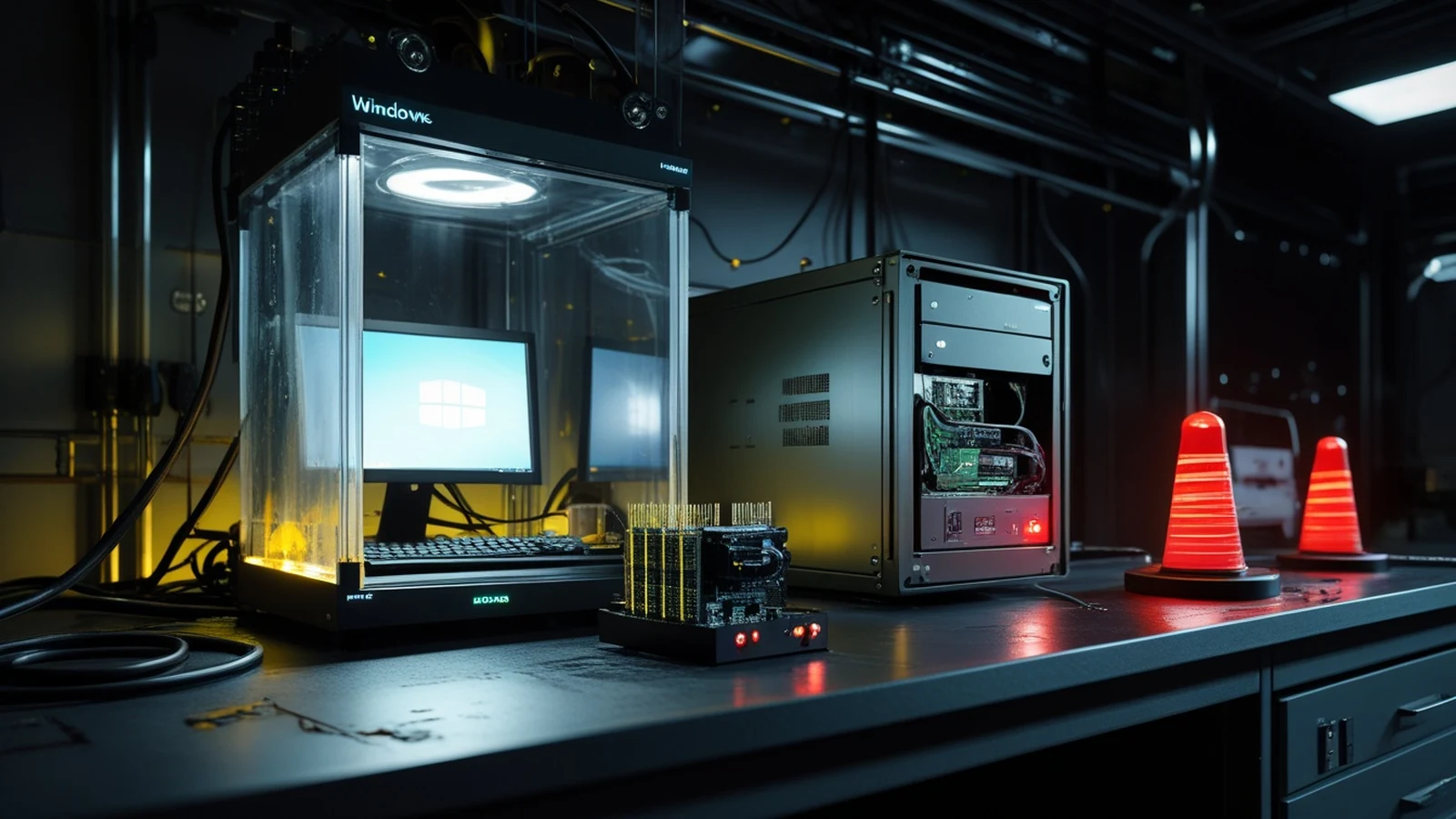 Bronze Sandcastle malware represented by a compromised software package beside an isolated workstation in a dark forensic lab