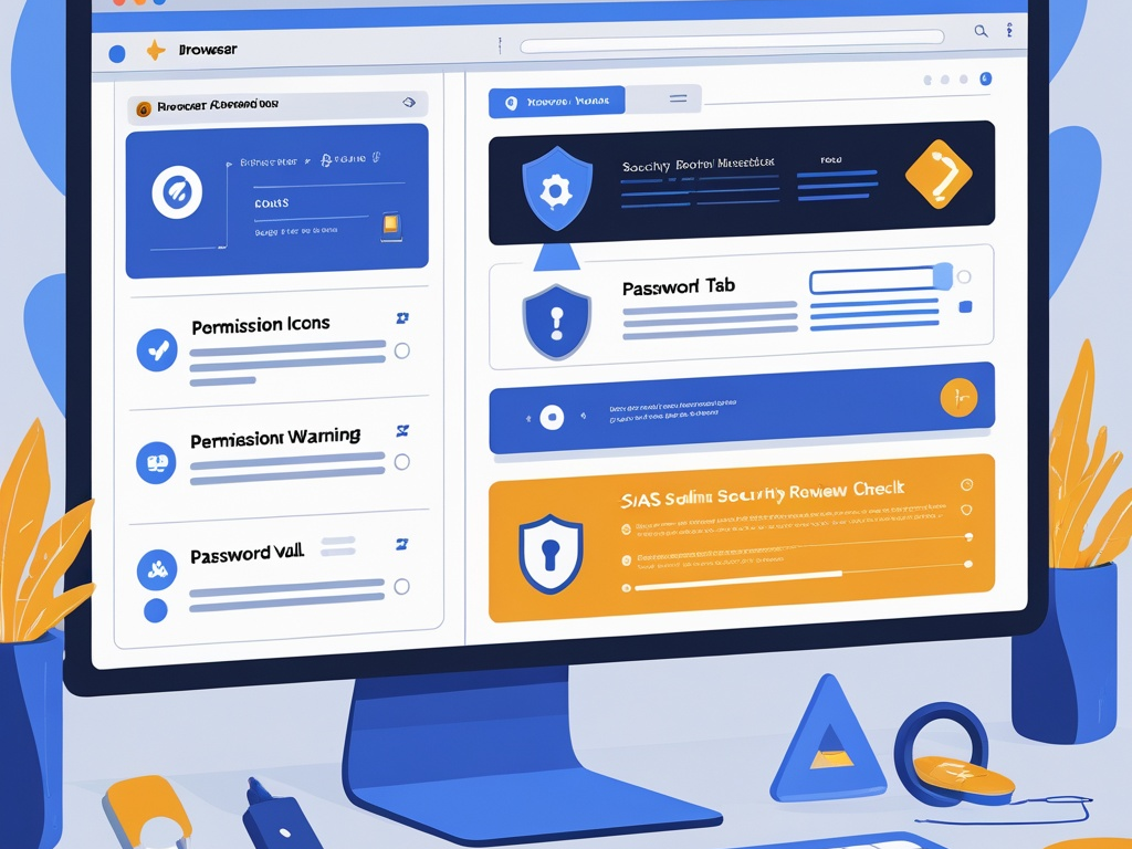 Browser extension security illustration showing work browser tabs, extension permission warnings, a password vault, and a small-team security review checklist