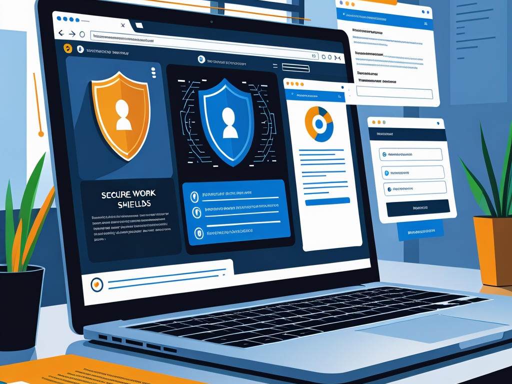 Browser security illustration showing a work laptop, extension audit panel, phishing warning, password manager prompt, and protected SaaS sessions