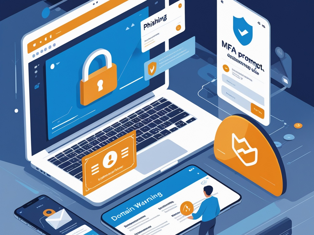 Business email security illustration showing a protected company inbox, MFA prompt, phishing warning banner, domain settings panel, and secure message flow on a laptop and phone