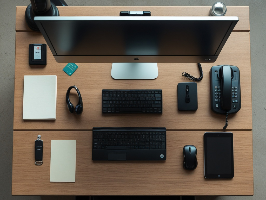 Editorial office desk scene with a business desk phone, support headset, employee access badge, and a dark-screen laptop in a small company workspace