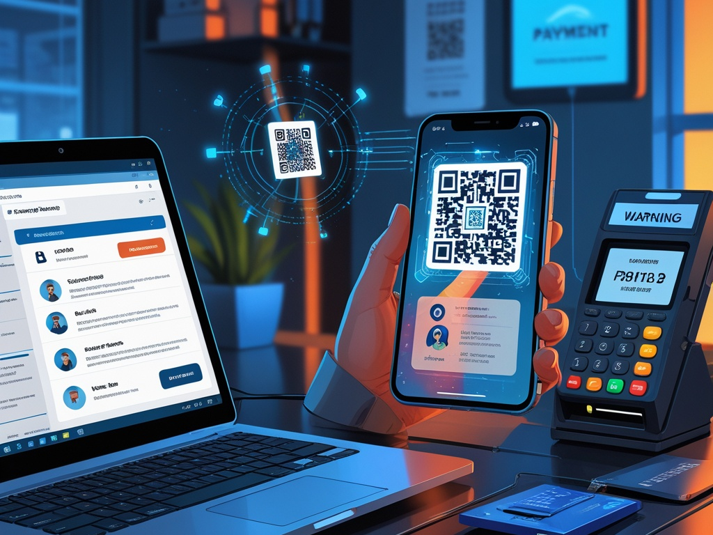 Cybersecurity illustration showing a work phone scanning a suspicious QR code beside a laptop, office badge, payment terminal, and warning security overlays