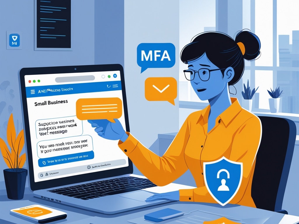 Cybersecurity illustration showing a suspicious business text message on a smartphone beside a work laptop, MFA prompts, and security verification cues in a small office