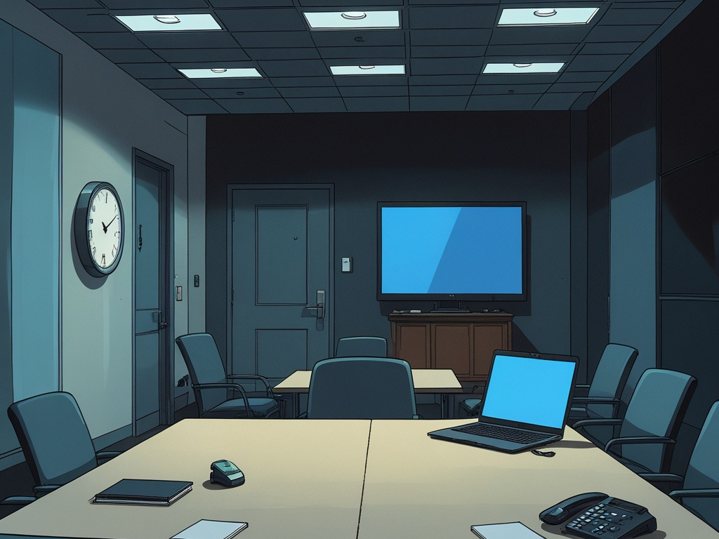 Editorial conference room scene with an analog wall clock, tabletop speakerphone, employee access badge, and work devices arranged for a private business meeting