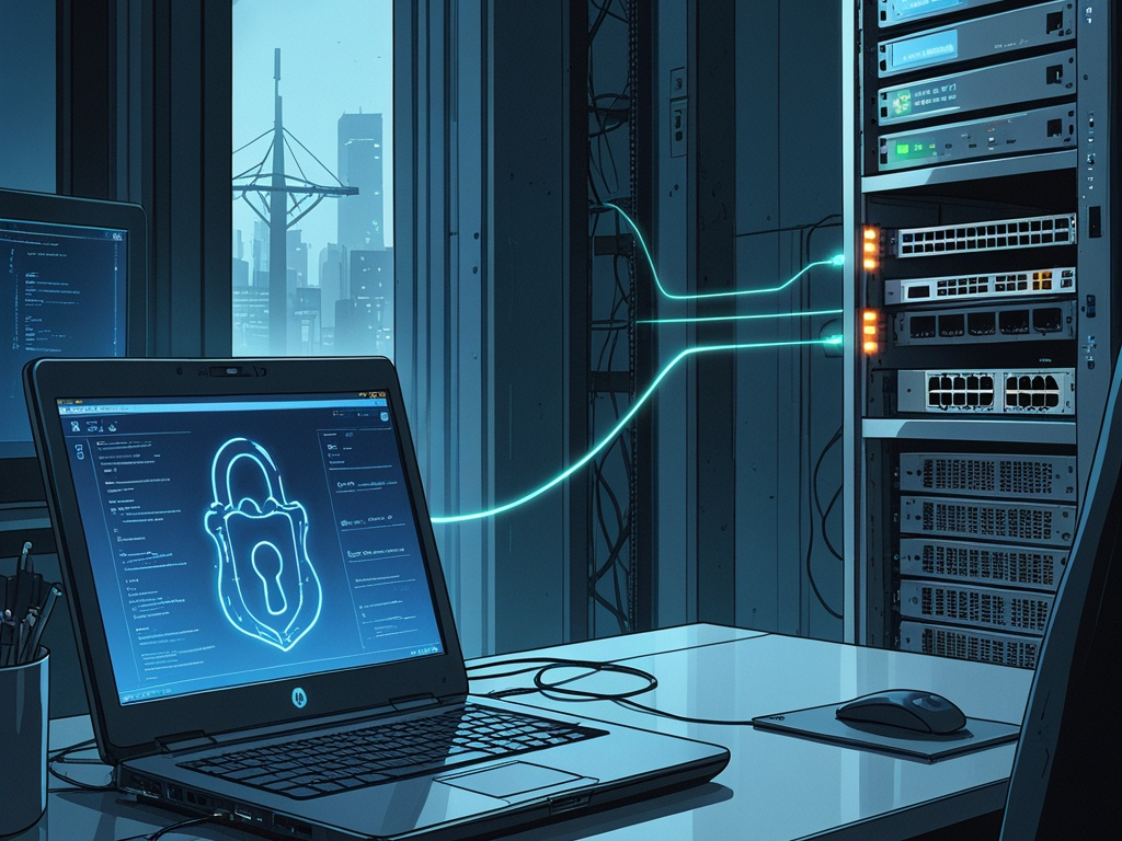 Editorial scene of a compromised IT provider office showing a remote support laptop, ethernet patch panel, and downstream infrastructure suggesting a second-hop breach path