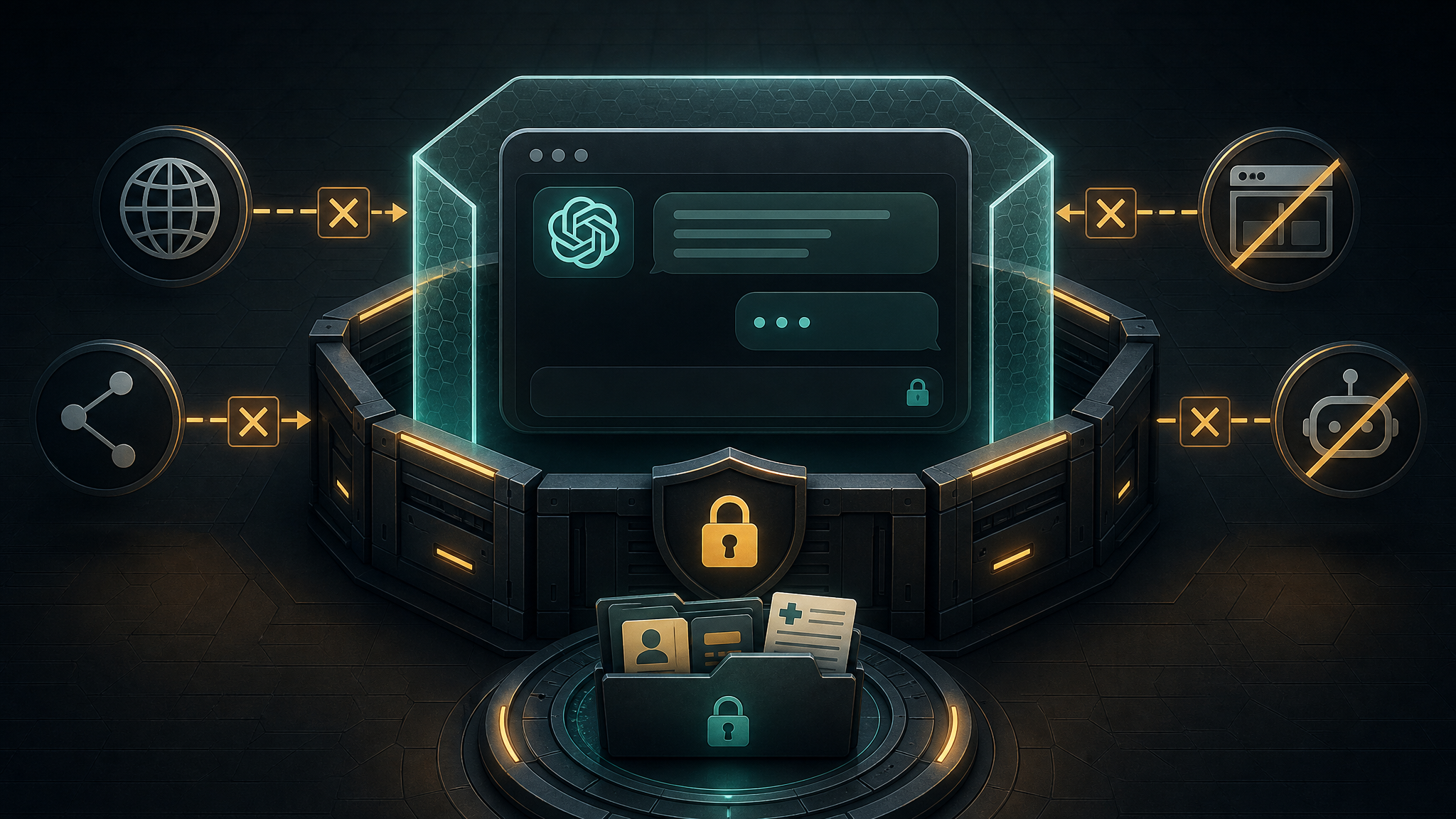 ChatGPT Lockdown Mode security interface showing blocked outbound requests, disabled agents, and prompt injection containment around sensitive data