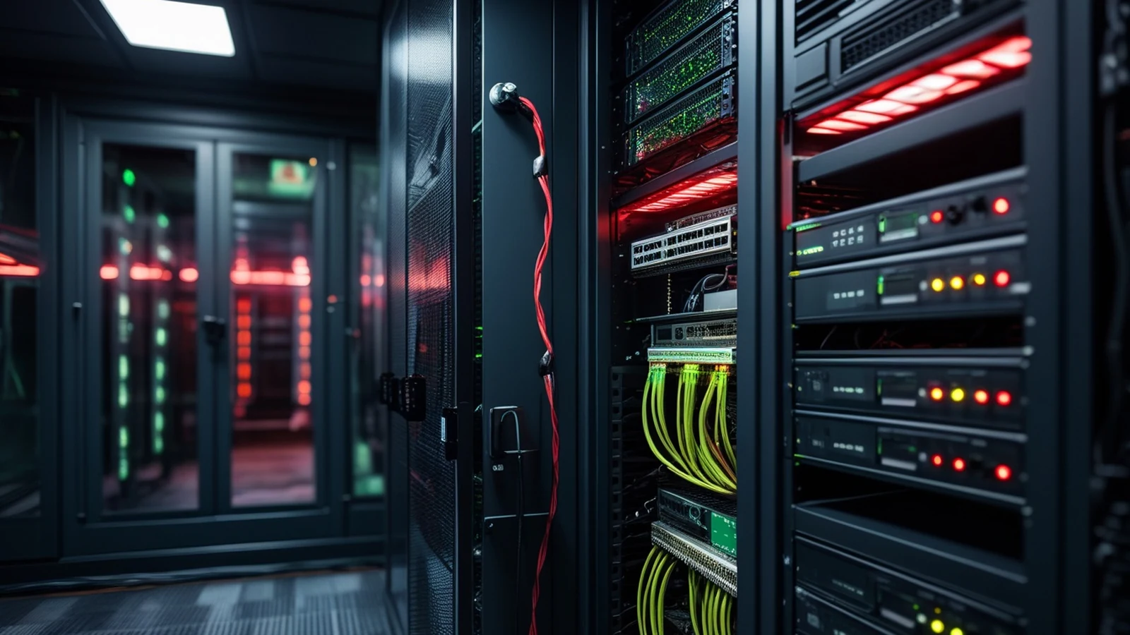 Check Point CVE-2026-93616 response scene with a secured network management rack and isolated access cable