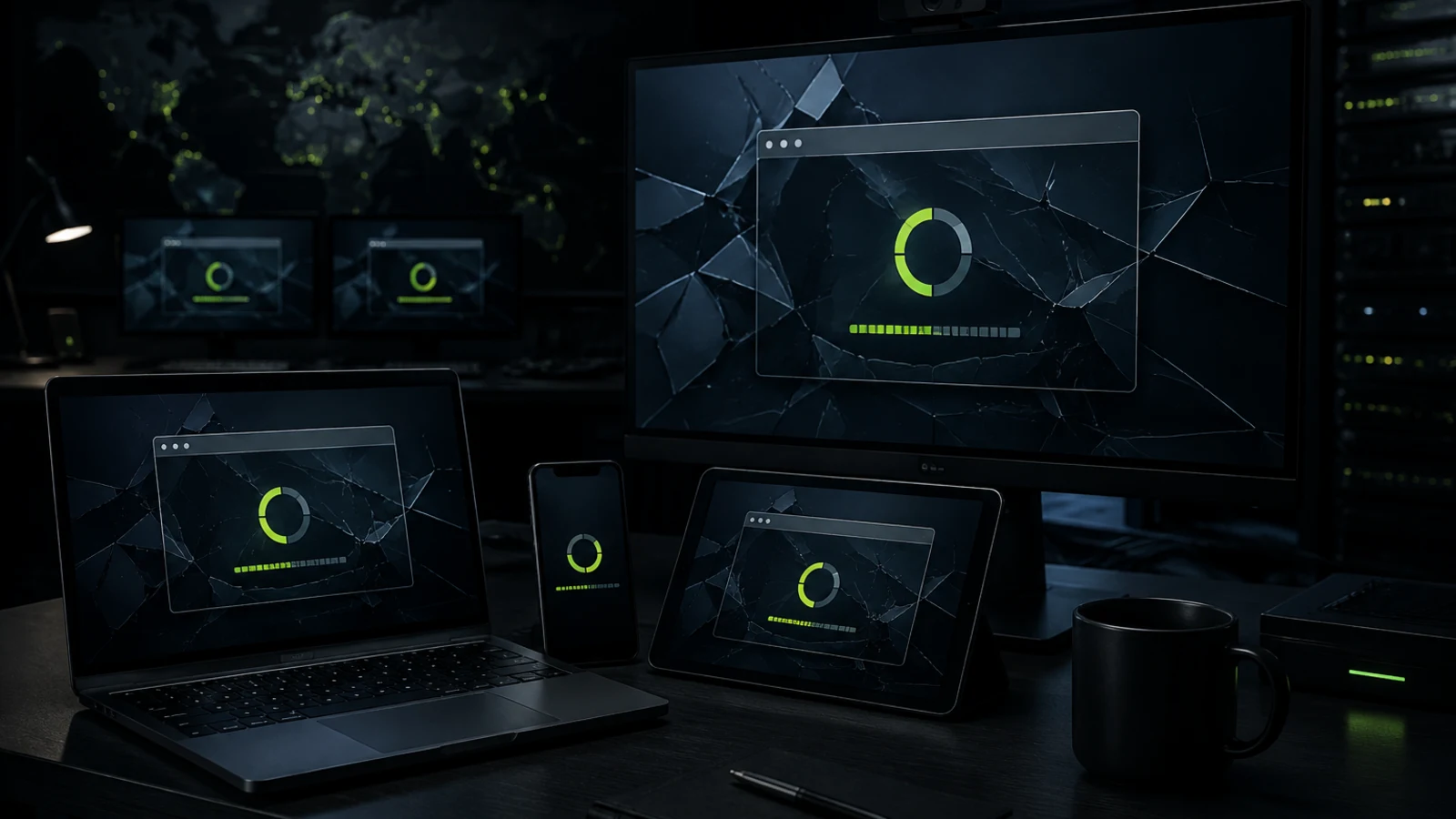 Dark security operations desk with desktop, laptop, phone, and tablet screens showing an urgent browser fleet patch response