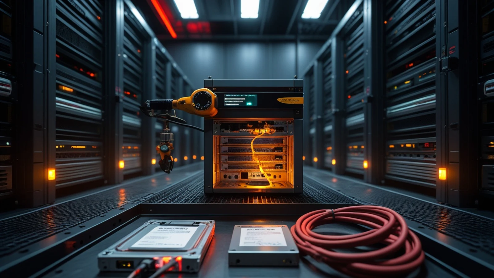 Cisco Secure Email Gateway vulnerability response in a dark data center with an isolated rack appliance, network cables, and evidence drive