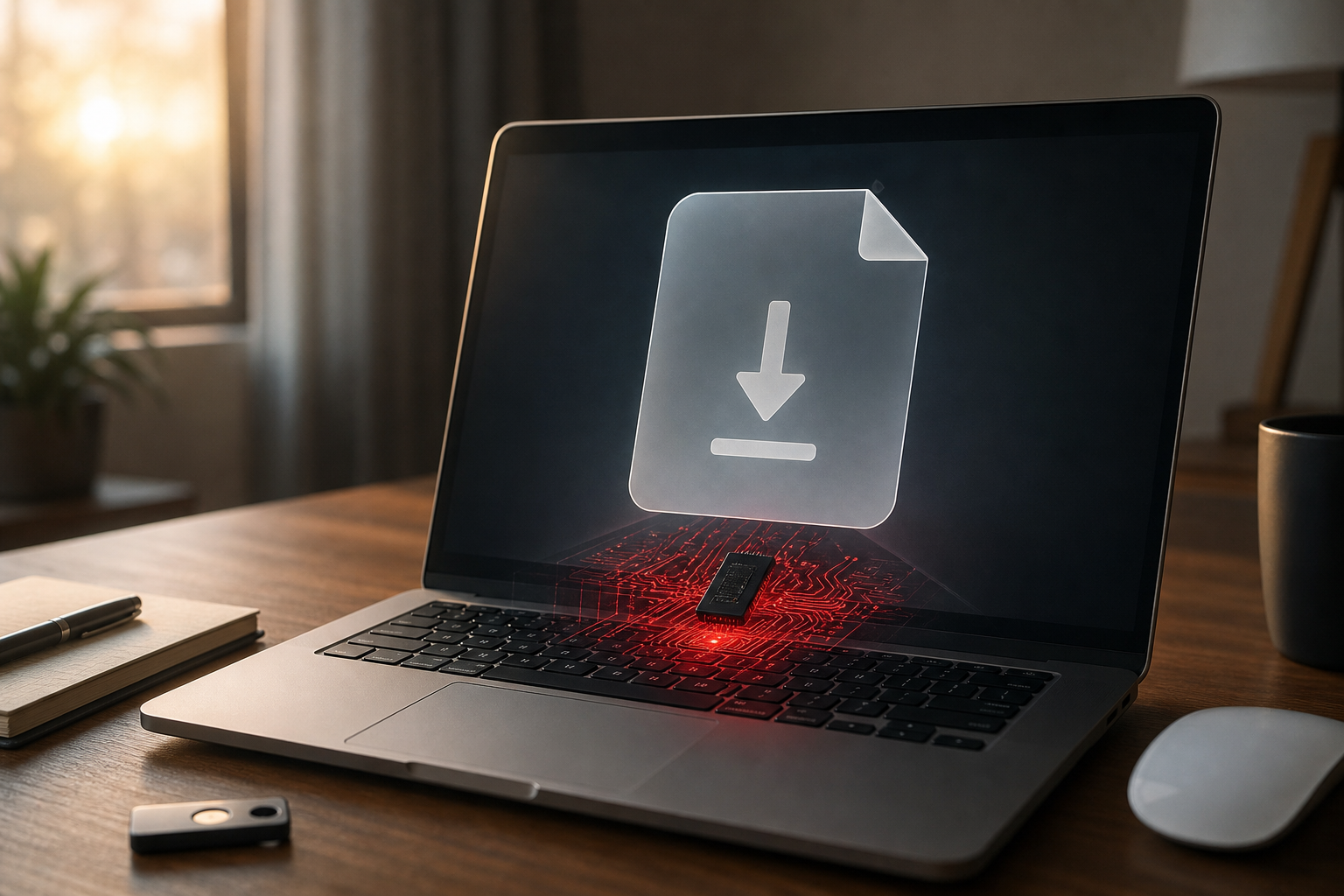 Claude Artifacts malware editorial scene with an office laptop, a sponsored search result glow, and a fake software installer leading to a hidden remote access trojan