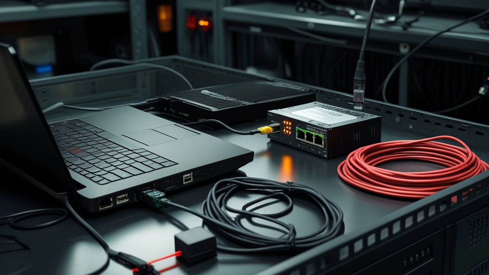 Claude Code extension attack investigation in a dark developer workstation lab with an isolated laptop and severed network cable