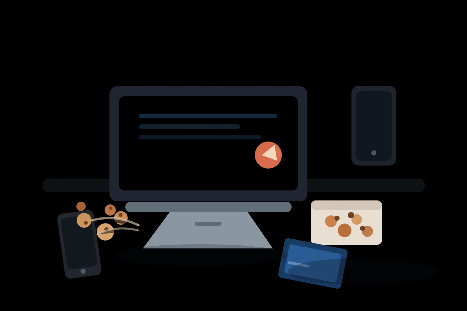 Claude session hijacking editorial scene with a compromised laptop, spilled cookie jar, payment card, and phone on a dim desk