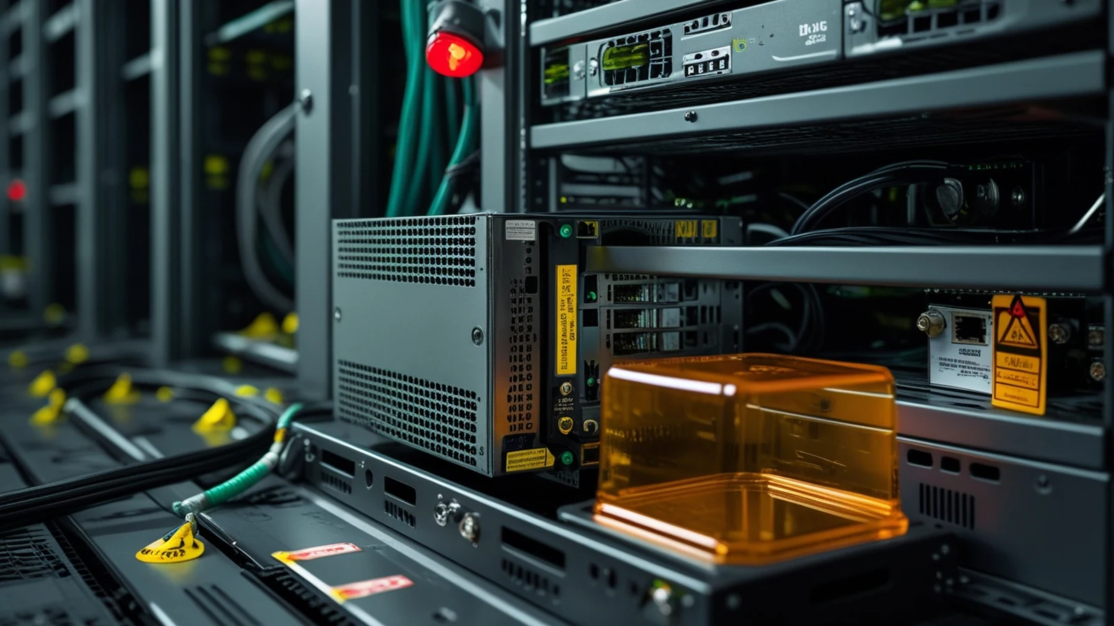 Click2Shell WordPress vulnerability containment scene with a quarantined theme package beside an isolated web server rack