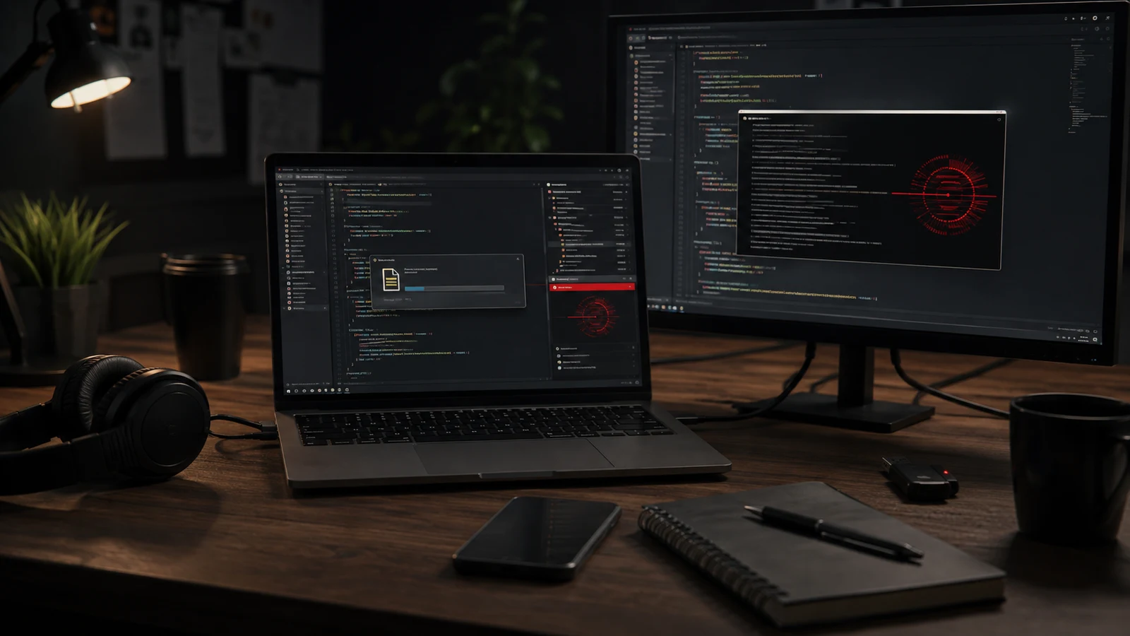 Dark developer interview workspace with a laptop, monitor, headset, phone, and a malicious red signal hidden inside a coding challenge