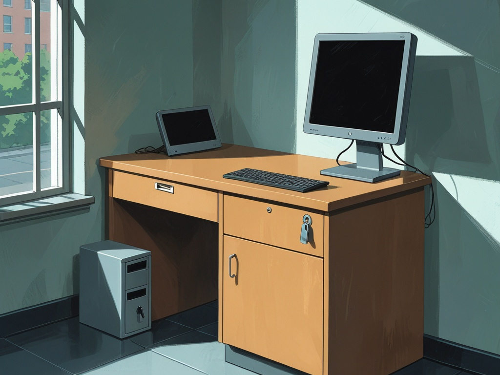 Editorial scene showing a shared workstation with a dark monitor, keyboard, key, and lockable desk drawers in a quiet office corner