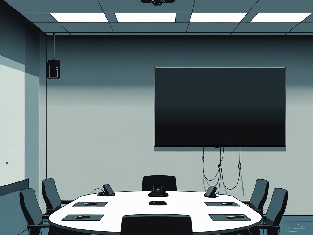 Editorial meeting room scene with a wall camera, blank conference display, tabletop speakerphone, and loose HDMI cables arranged around a white conference table