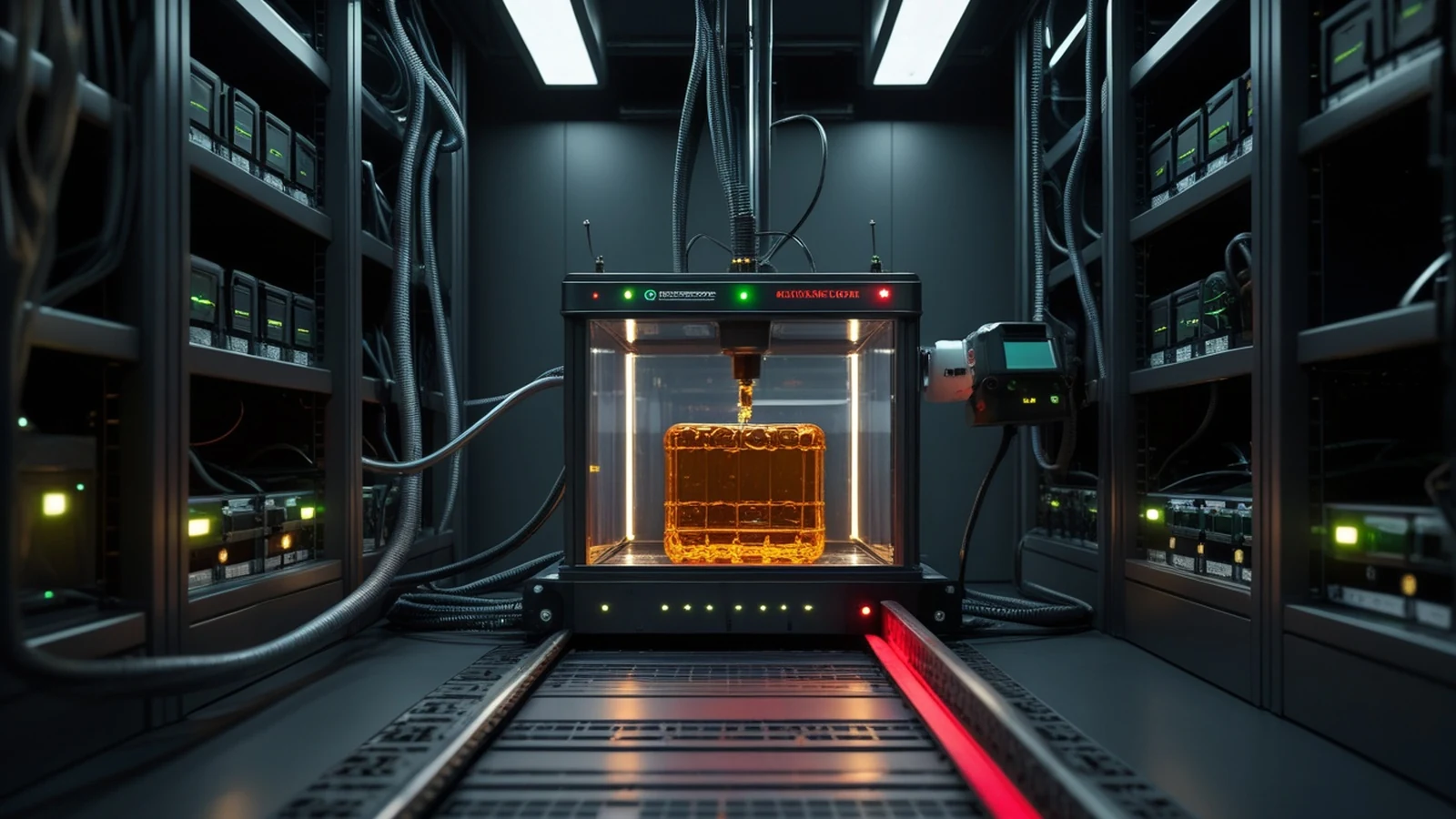 Conversation history poisoning shown as corrupted storage cartridges entering an isolated AI agent workstation in a dark security lab
