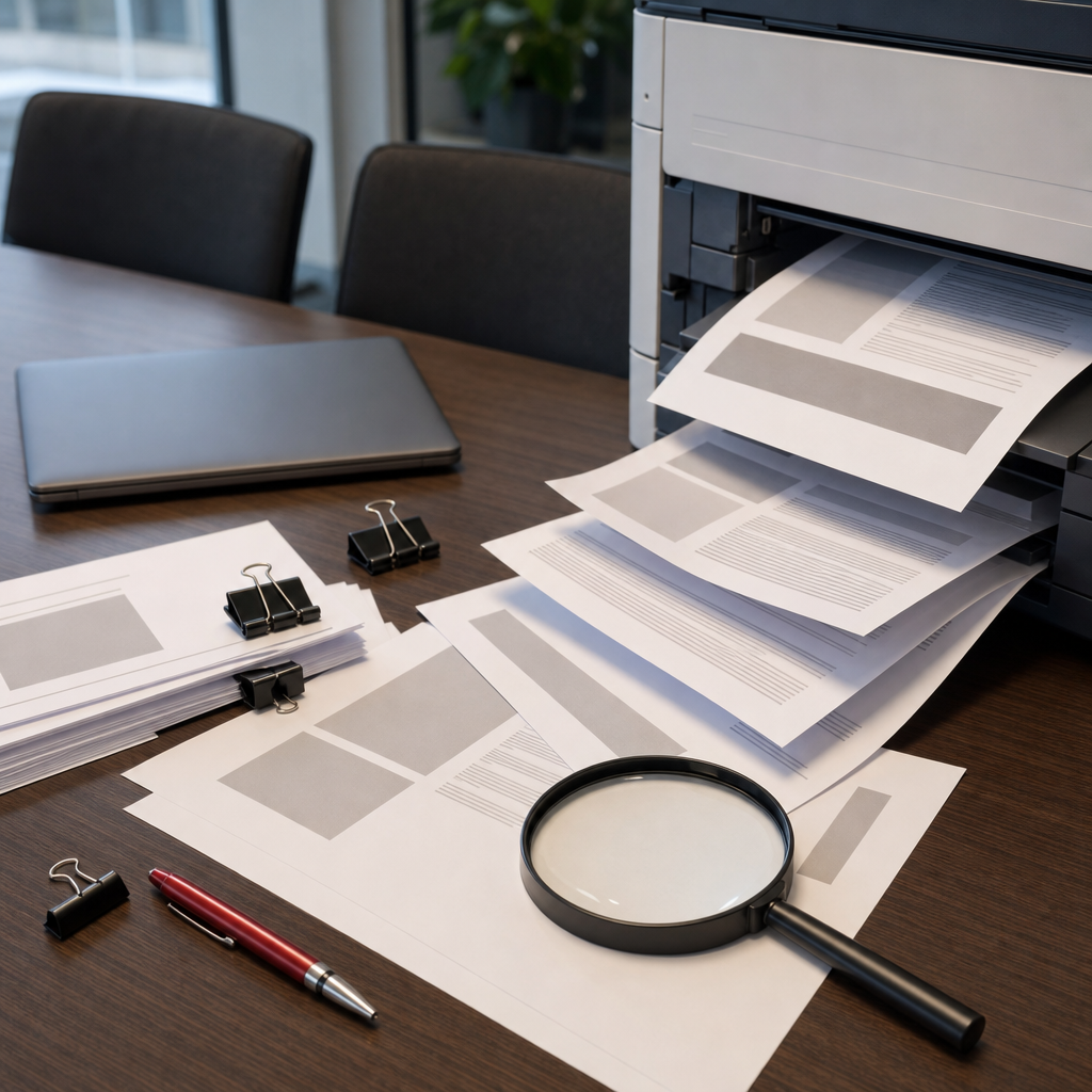 Copilot for Word prompt injection scene with printed office reports spreading across a conference table beside a copier output tray, binder clips, and a magnifying glass inspecting a hidden page footer