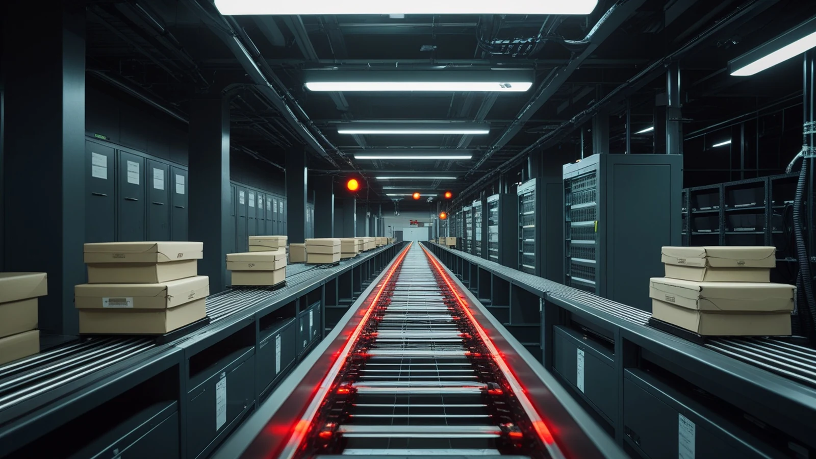 Court notice system outage represented by an inactive document sorting line and secured backup delivery cases in a dark records facility