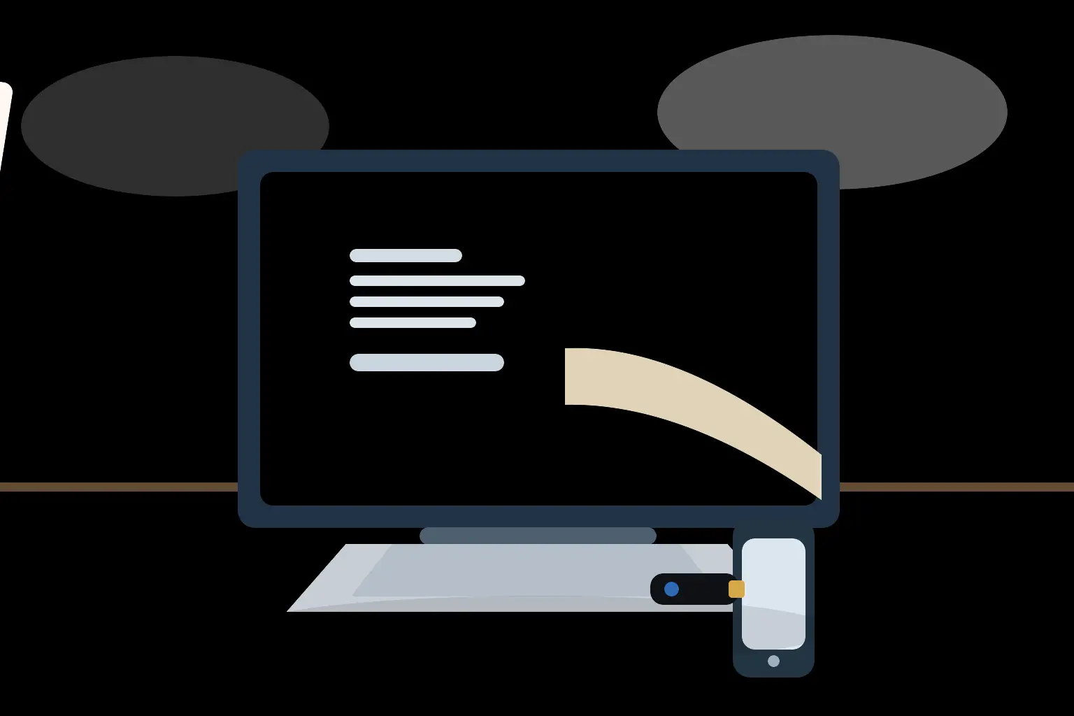 CSS webmail attacks editorial scene with a work laptop, a physical envelope, a security key, and colored strips spilling past the edge of an email-like panel on screen